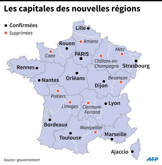 Carte de France des nouvelles capitales régionales