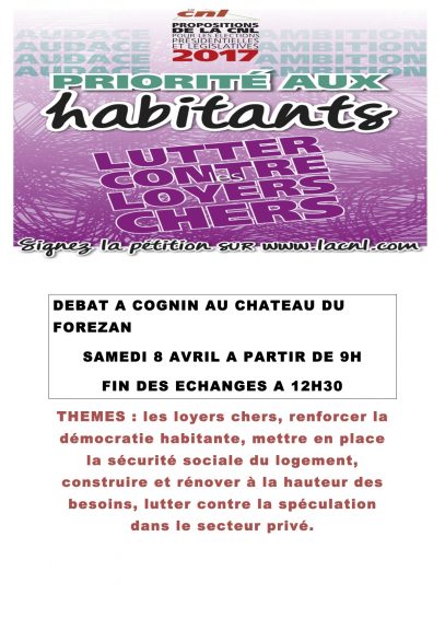 AFFICHE CNL DEBAT A COGNIN AU CHATEAU DU FOREZAN SAMEDI 8 AVRIL 2017